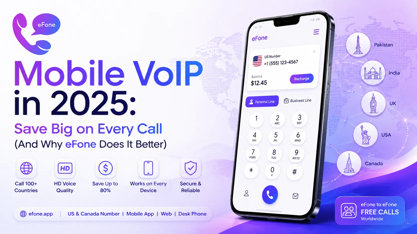 eFone mobile VoIP app calling internationally from a smartphone